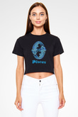 Balık Burcu Baskılı Siyah Crop Top Kadın Tişört - Tshirt