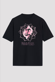 Balık Burcu Baskılı Unisex Siyah Oversize Tişört - Tshirt