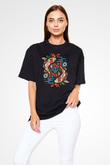 Balık Burcu Baskılı Unisex Siyah Oversize Tişört - Tshirt