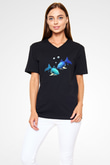 Balık Burcu Baskılı Unisex Siyah V Yaka Tişört - Tshirt