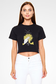 Başak Burcu Baskılı Siyah Crop Top Kadın Tişört - Tshirt