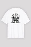 Bateri Baskılı Beyaz Unisex Oversize Tişört - Tshirt