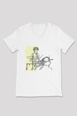 Bateri Baskılı Beyaz Unisex V Yaka Tişört - Tshirt