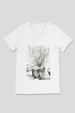 Bateri Baskılı Beyaz Unisex V Yaka Tişört - Tshirt