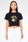 Bateri Baskılı Siyah Crop Top Kadın Tişört - Tshirt