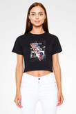 Bateri Baskılı Siyah Crop Top Kadın Tişört - Tshirt