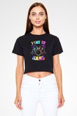 Bateri Baskılı Siyah Crop Top Kadın Tişört - Tshirt
