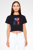 Bateri Baskılı Siyah Crop Top Kadın Tişört - Tshirt