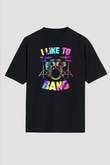 Bateri Baskılı Unisex Siyah Oversize Tişört - Tshirt