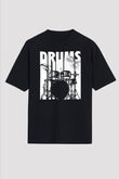 Bateri Baskılı Unisex Siyah Oversize Tişört - Tshirt