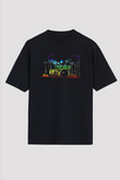 Bateri Baskılı Unisex Siyah Oversize Tişört - Tshirt