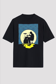 Bateri Baskılı Unisex Siyah Oversize Tişört - Tshirt