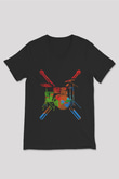 Bateri Baskılı Unisex Siyah V Yaka Tişört - Tshirt