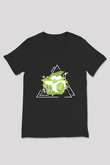Bateri Baskılı Unisex Siyah V Yaka Tişört - Tshirt