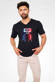 Bateri Baskılı Unisex Siyah V Yaka Tişört - Tshirt