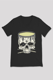Bateri Baskılı Unisex Siyah V Yaka Tişört - Tshirt