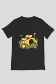 Bateri Baskılı Unisex Siyah V Yaka Tişört - Tshirt