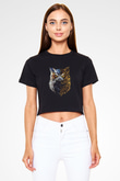Baykuş Baskılı  Siyah  Crop Top Tişört