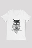 Baykuş Beyaz Unisex V Yaka Tişört T-Shirt