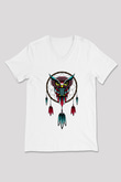 Baykuş Beyaz Unisex V Yaka Tişört T-Shirt