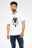 Baykuş Beyaz Unisex V Yaka Tişört T-Shirt