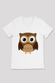 Baykuş Beyaz Unisex V Yaka Tişört T-Shirt