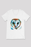 Baykuş Beyaz Unisex V Yaka Tişört T-Shirt