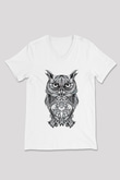 Baykuş Beyaz Unisex V Yaka Tişört T-Shirt
