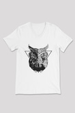 Baykuş Beyaz Unisex V Yaka Tişört T-Shirt