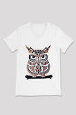Baykuş Beyaz Unisex V Yaka Tişört T-Shirt