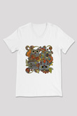Baykuş Beyaz Unisex V Yaka Tişört T-Shirt