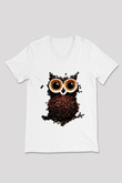 Baykuş Beyaz Unisex V Yaka Tişört T-Shirt