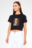 Benjamin Franklin Baskılı Siyah Kadın Crop Top Tişört