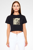 Benjamin Franklin Baskılı Siyah Kadın Crop Top Tişört