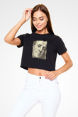Benjamin Franklin Baskılı Siyah Kadın Crop Top Tişört