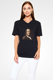 Benjamin Franklin Baskılı Unisex Siyah V Yaka Tişört