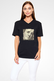 Benjamin Franklin Baskılı Unisex Siyah V Yaka Tişört