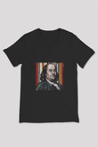 Benjamin Franklin Baskılı Unisex Siyah V Yaka Tişört