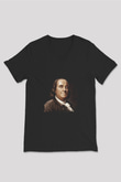 Benjamin Franklin Baskılı Unisex Siyah V Yaka Tişört