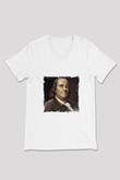 Benjamin Franklin Baskılı V Yaka Unisex Beyaz Tişört