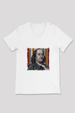Benjamin Franklin Baskılı V Yaka Unisex Beyaz Tişört