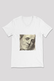 Benjamin Franklin Baskılı V Yaka Unisex Beyaz Tişört