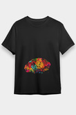 Beyin İllustrasyon Baskılı Unisex Siyah Tişört - Tshirt
