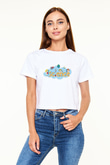 Bilim Baskılı Beyaz Kadın Crop Top Tişört
