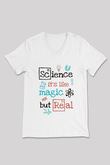 Bilim Sihir Baskılı Unisex V Yaka Beyaz Tişört - Tshirt
