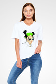 Billie Eilish Baskılı Beyaz Unisex V Yaka Tişört - Tshirt