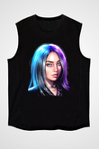 Billie Eilish Baskılı Unisex Siyah Kolsuz Tişört - Tshirt