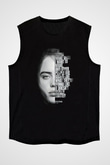 Billie Eilish Baskılı Unisex Siyah Kolsuz Tişört - Tshirt