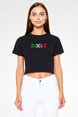 Binicilik - Riding Baskılı Crop Top Siyah Kadın Tişört - Tshirt