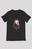 Björk Baskılı Unisex Siyah V Yaka Tişört - Tshirt